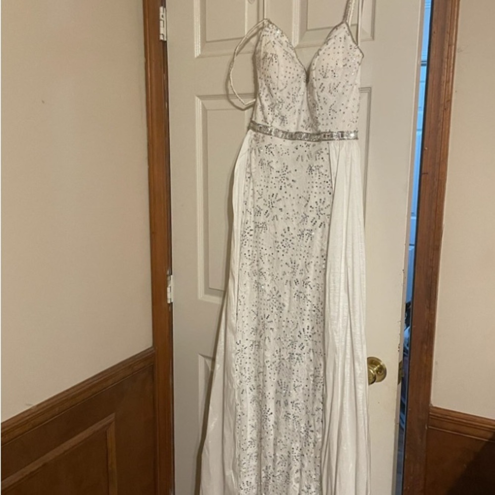 Jonathan Kayne 7242 White Lace Prom or Pageant Gown with Overskirt